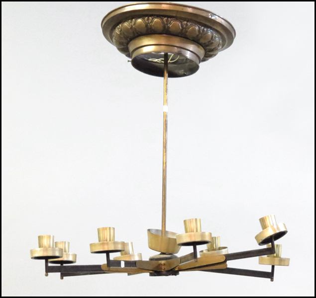 EIGHT-LIGHT PATINATED METAL CHANDELIER.
