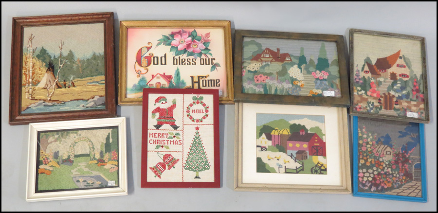 GROUP OF EIGHT FRAMED NEEDLEPOINT