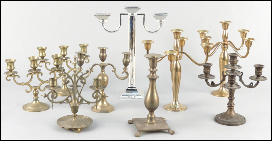 TWO PAIRS OF BRASS CANDELABRA.