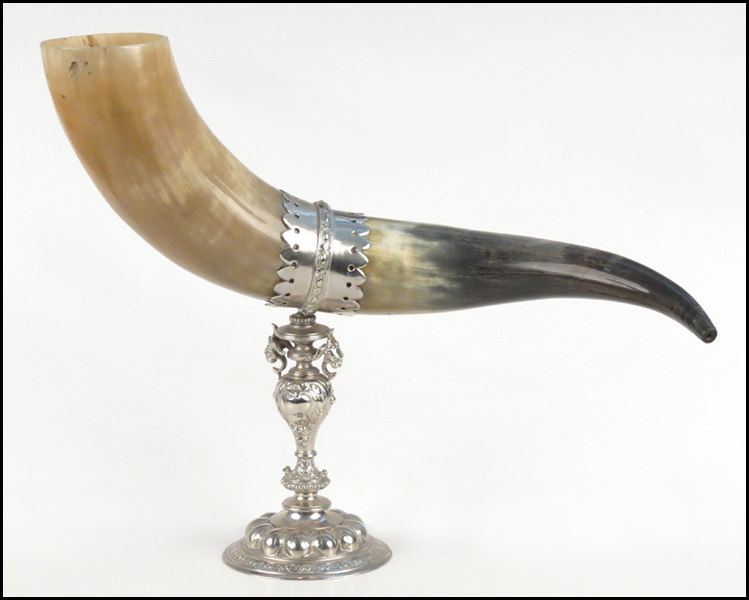 BULL HORN CUP. Mounted on silverplate