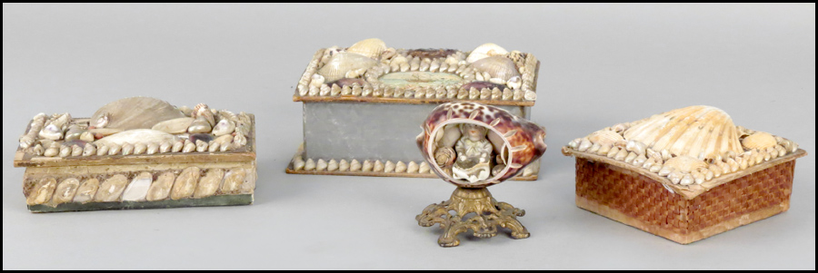 THREE SHELL ART DECORATED BOXES. Together