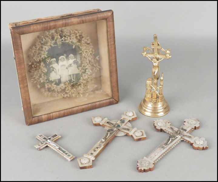 THREE MOTHER OF PEARL INLAID CRUCIFIXES.