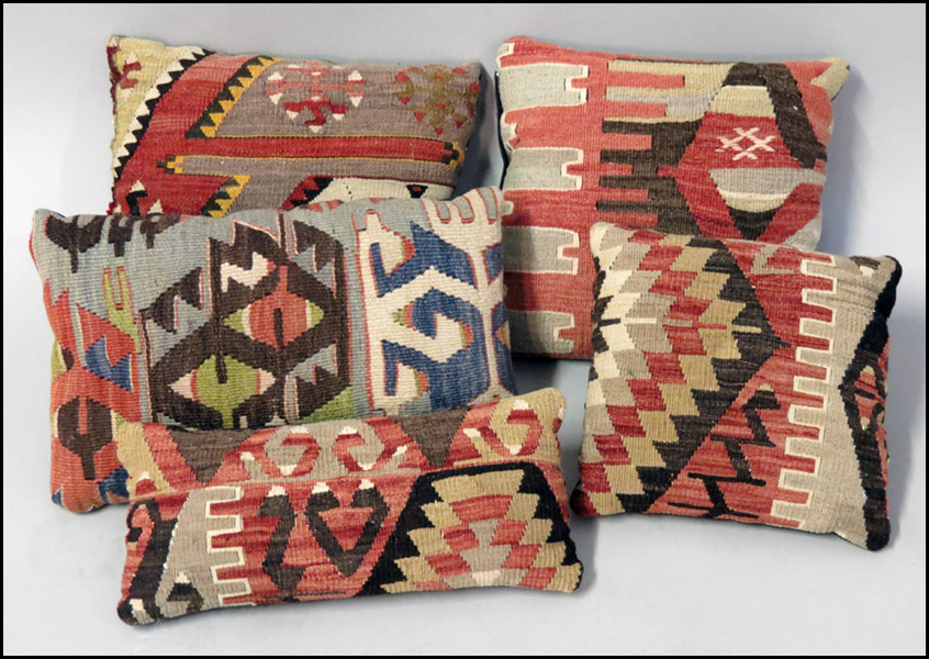 GROUP OF FIVE KILIM PILLOWS. Largest