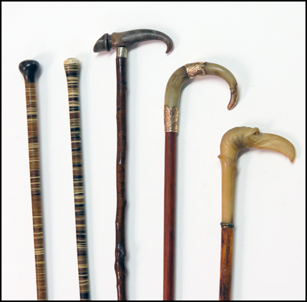 TWO HORN AND BONE WALKING STICKS.