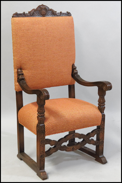 CARVED MAHOGANY OPEN ARMCHAIR.