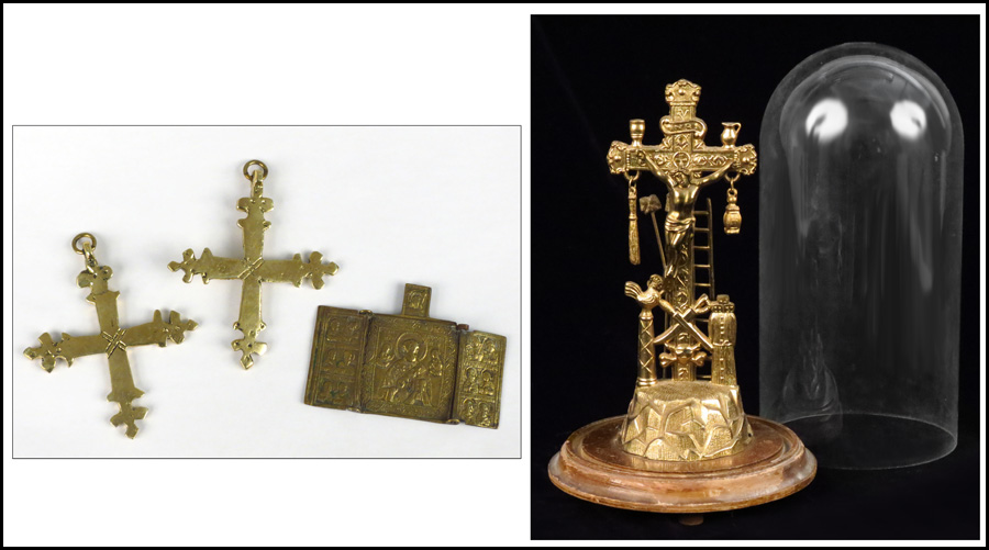 GILT METAL CRUCIFIXION. Contained under