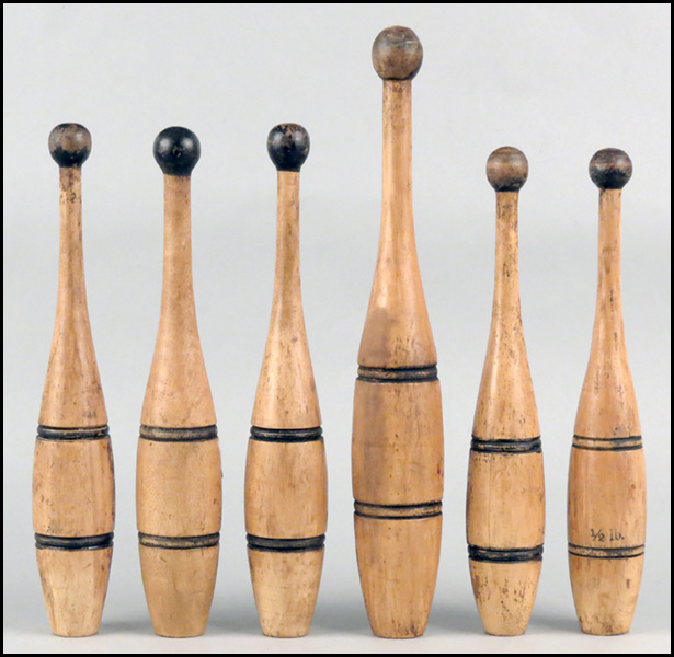 SIX TURNED WOOD INDIAN CLUBS. Tallest: