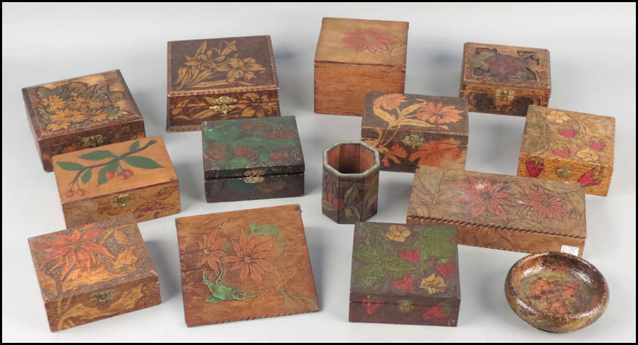 COLLECTION OF PYROGRAPHY BOXES.