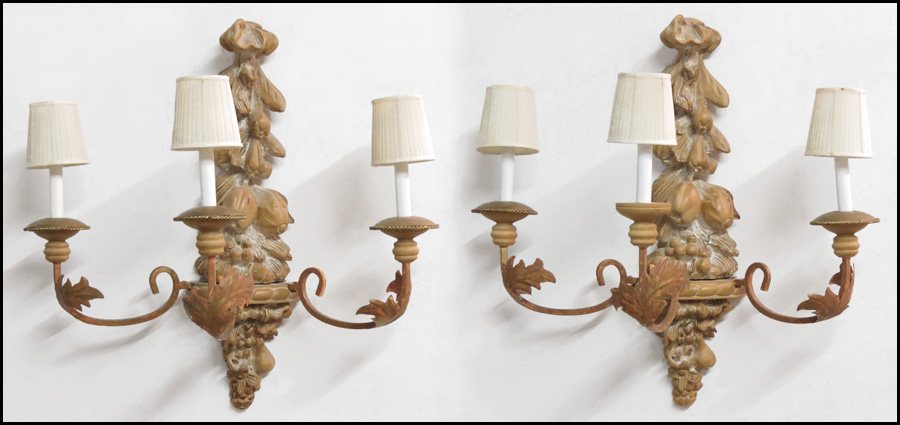 PAIR OF ITALIAN CARVED WOOD THREE-LIGHT