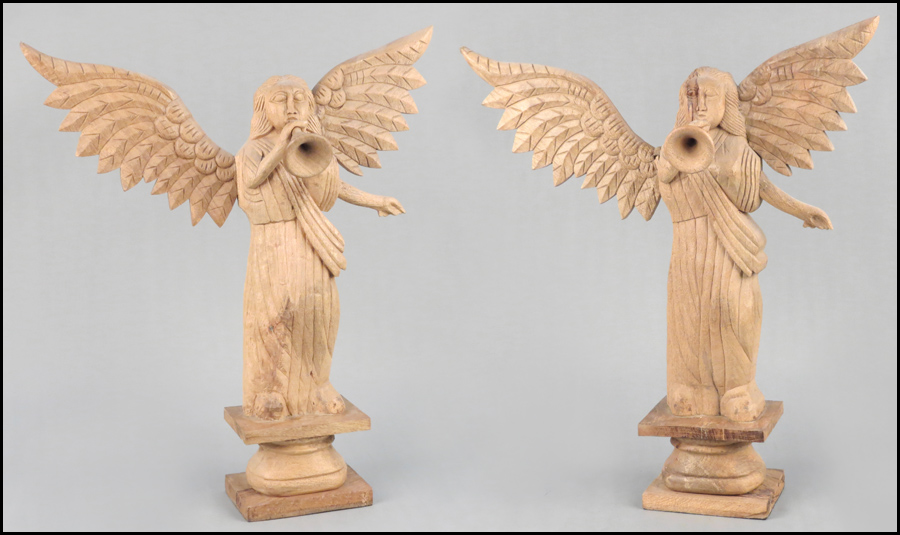 PAIR OF INDIAN CARVED WOOD ANGELS. H: