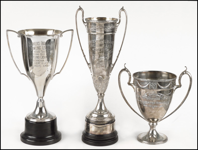 THREE SILVERPLATE BOWLING TROPHIES.