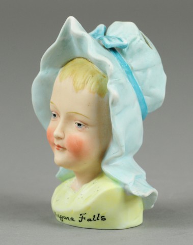 GIRL IN BONNET STILL BANK Bisque