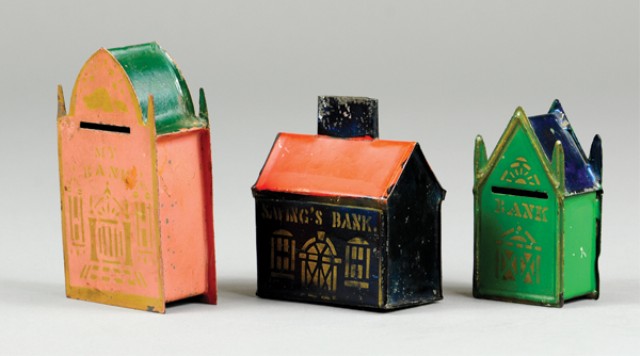 EARLY HAND PAINTED TIN BUILDING BANKS