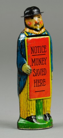 MAN WITH SAVE MONEY HERE SIGN STILL 178d3e