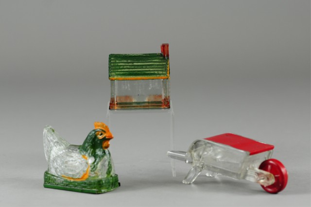 THREE GLASS FIGURAL CANDY CONTAINERS