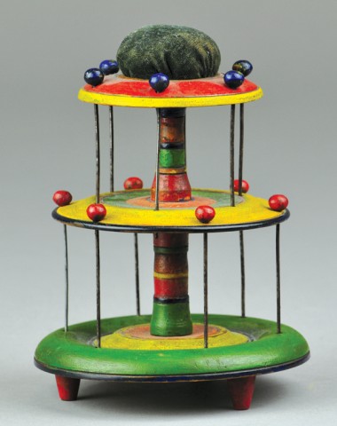 TIERED WOODEN PIN CUSHION C. 1890