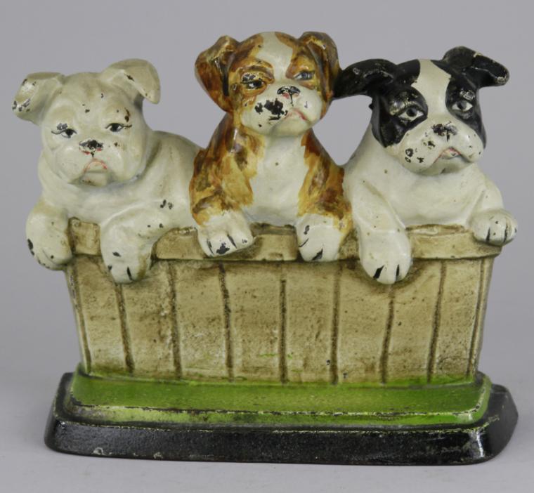 ENGLISH BULLDOG PUPPIES IN BASKET DOORSTOP