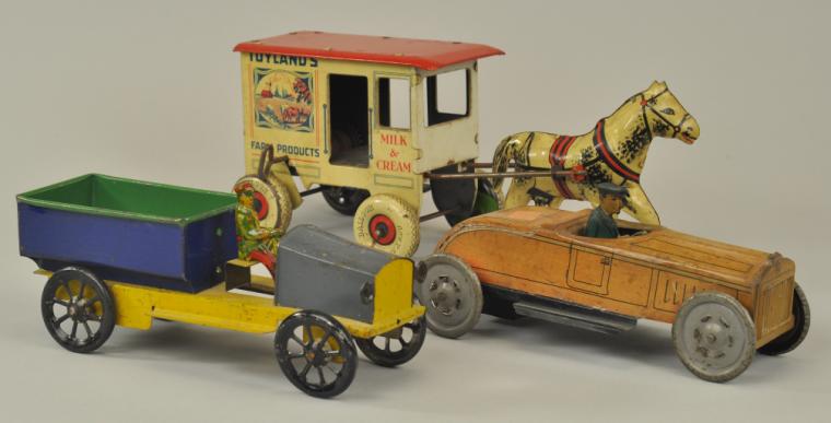 TWO VEHICLES AND HORSE DRAWN TOY 17ab23