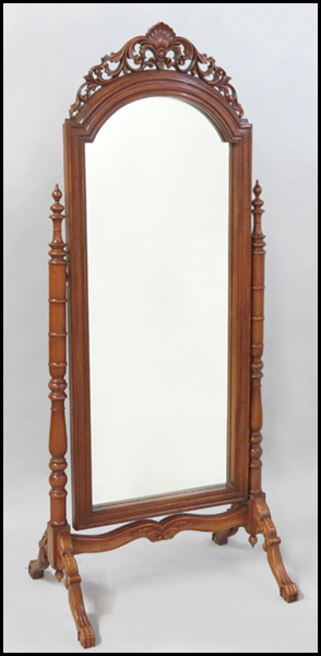 CARVED WOOD CHEVAL MIRROR. H: 76''