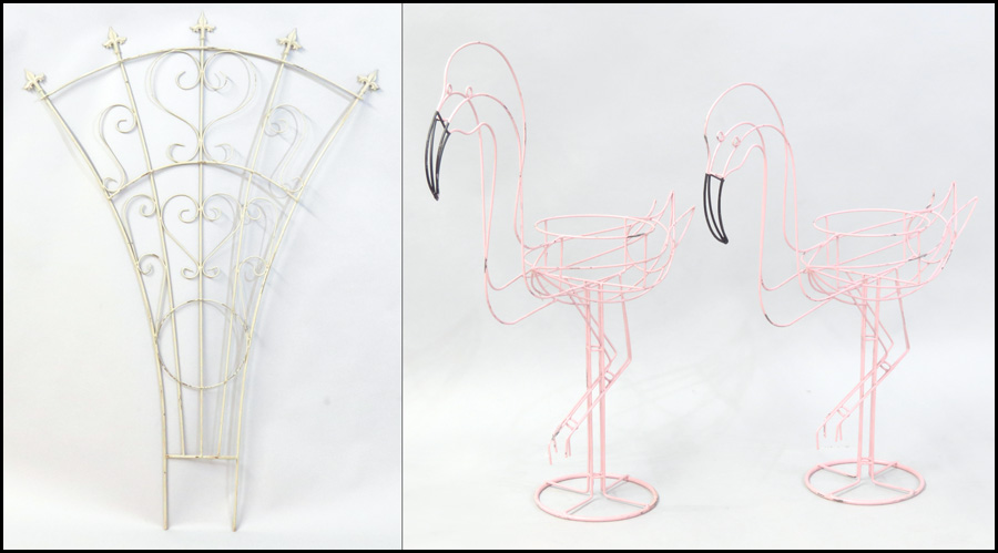PAIR OF FLAMINGO FORM WIRE PLANTERS  17ae00