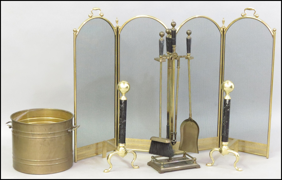 SUITE OF BRASS FIREPLACE ACCESSORIES.