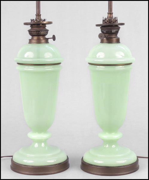 PAIR OF GREEN OPALINE GLASS TABLE