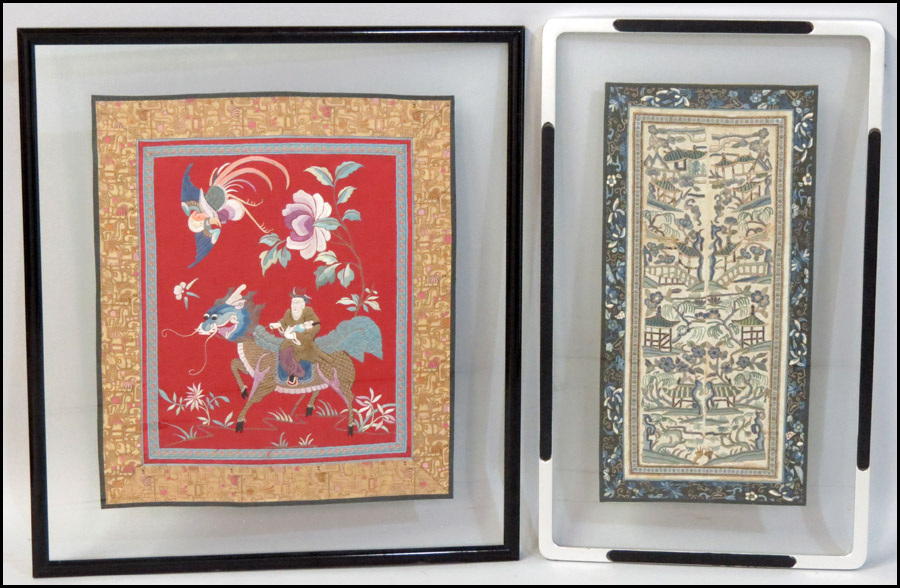 TWO EMBROIDERED SILK TEXTILES.