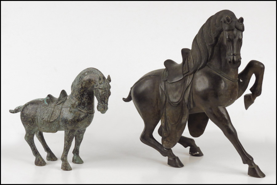 TWO CHINESE BRONZE HORSES. Tallest: