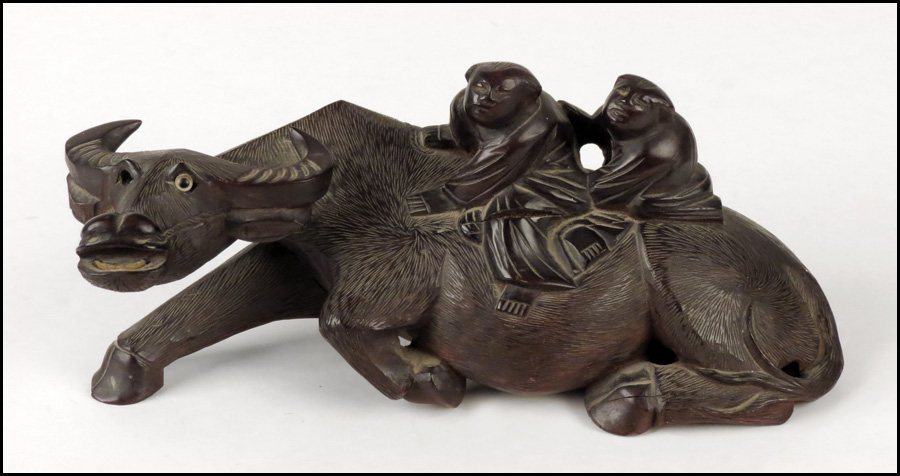 CARVED WOOD RECUMBENT OX WITH CHILDREN  17af7e