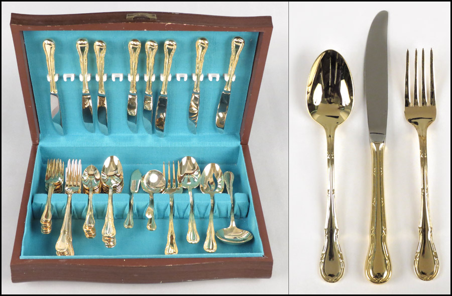 WESLEY FORGE GOLD TONE FLATWARE SERVICE.