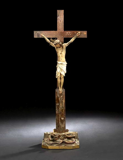 Tall Spanish Carved Wood Crucifix,