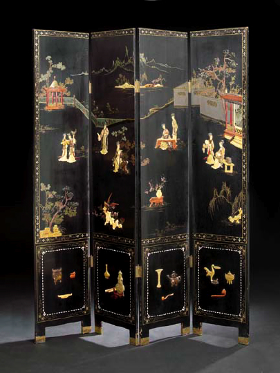 Chinese Lacquer and Hardstone Four-Panel