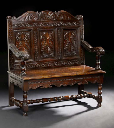 English Carved Oak Settle 20th 29cc8