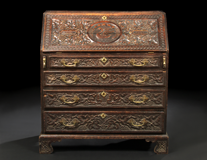 English Carved Oak Bureau,  19th