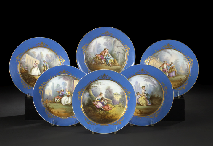 Set of Six Sevres Royal Blue-Banded