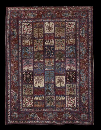 Persian Saber Mashad Carpet,  in a garden