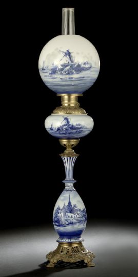 Gilt-Brass-Mounted Delft Pottery Kerosene