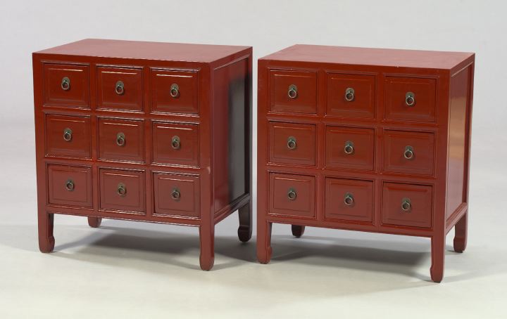 Pair of Asian Red-Lacquered Apothecary