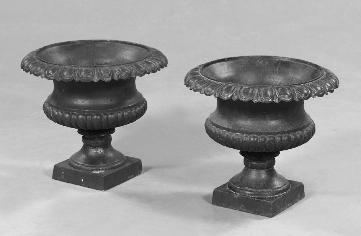 Pair of Cast-Iron Garden Urns-on-Pedestals,