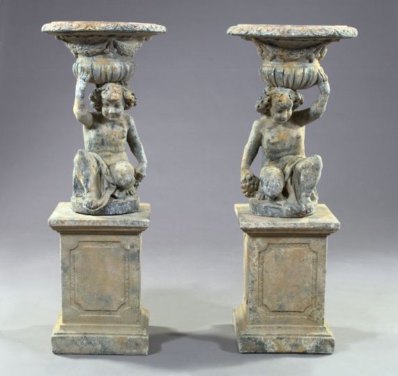 Pair of Cast Cement Garden Urns on Pedestals  2d74a