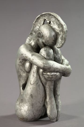 Silver-Leafed Ceramic Figure of a Seated
