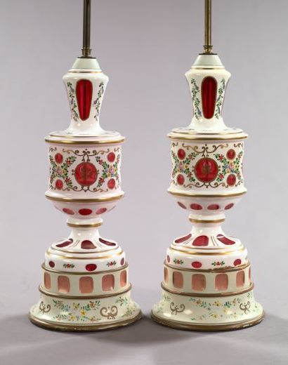 Tall Pair of Bohemian Cut Enameled 2f3f4