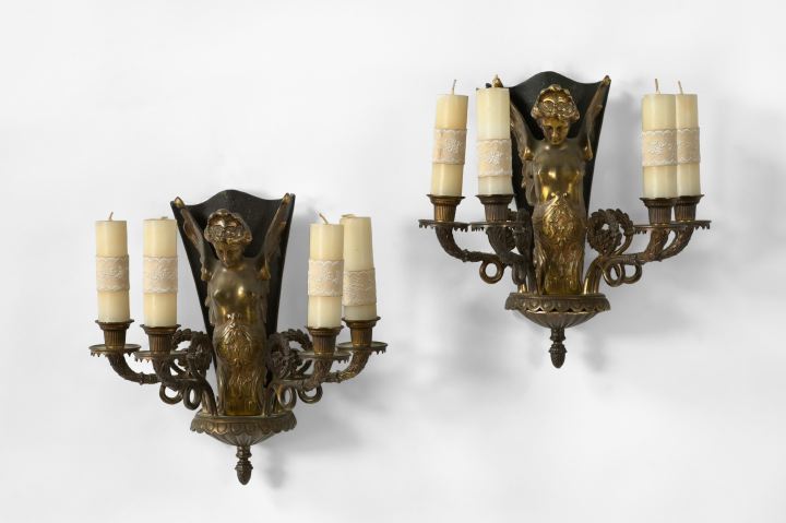 Large Pair of Brass Four-Light