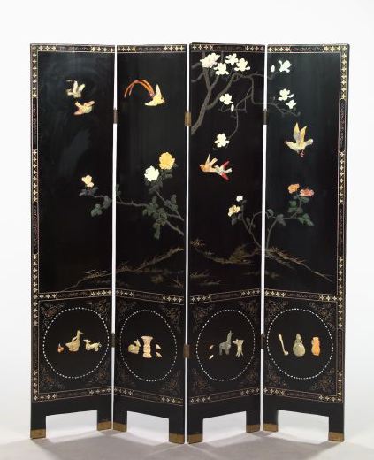 Chinese Carved Black Lacquer Four-Panel