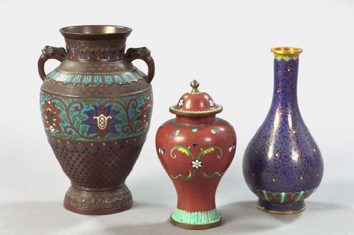 Group of Three Oriental Cloisonne Vases,