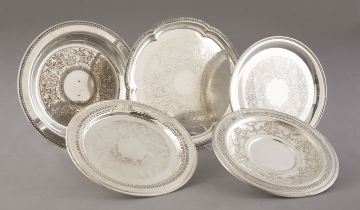 Group of Five Silverplate Circular Salvers,