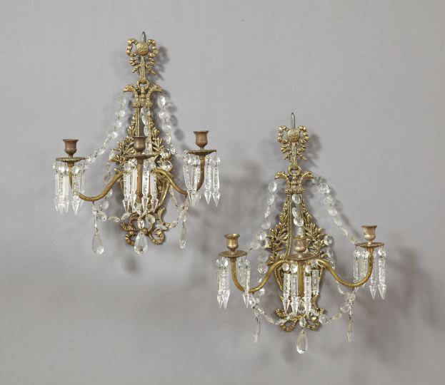 Pair of French Brass Lyriform Three-Light