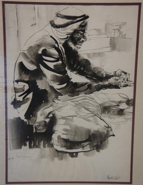 Moshe Asat, black ink wash, portrait