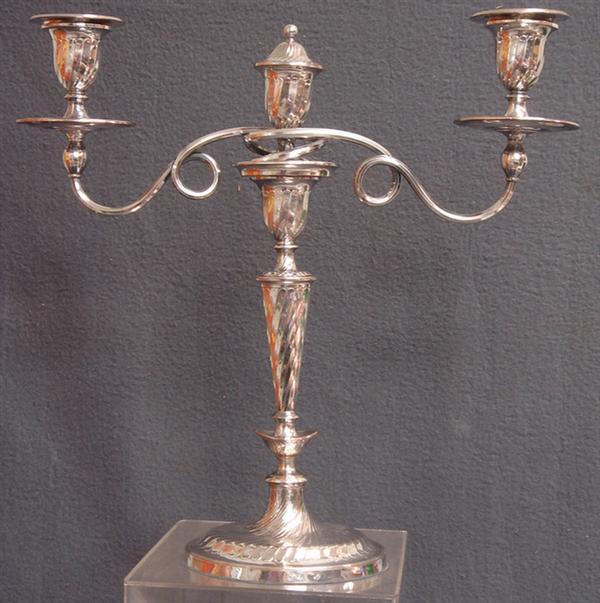 Plated silver classical form 3 arm candelabra,