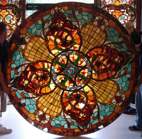 Round stained glass panel, floral